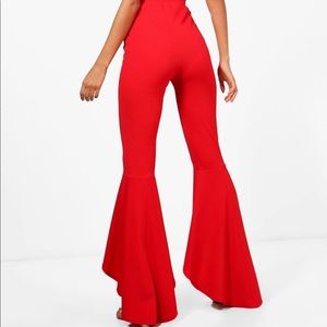 Red stretch flare pant.